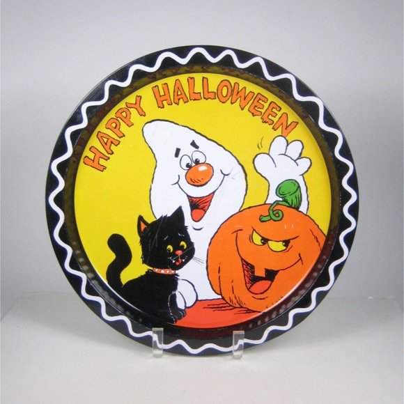 Vintage Happy Halloween Tin Tray Round 12 inch Cat Jack O Lantern Ghost WEAR - Picture 1 of 9